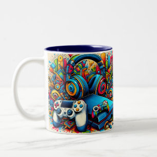Retro Game Console and Headphones Two-Tone Coffee Mug