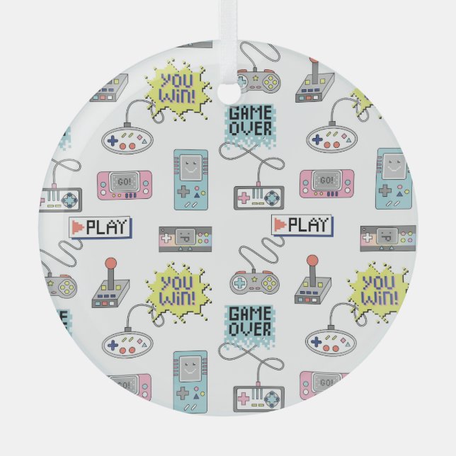 Retro Game Controllers: Colourful Seamless Pattern Glass Tree Decoration (Front)