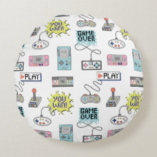 Retro Game Controllers: Colourful Seamless Pattern Round Cushion