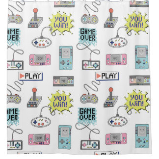 Retro Game Controllers: Colourful Seamless Pattern Shower Curtain