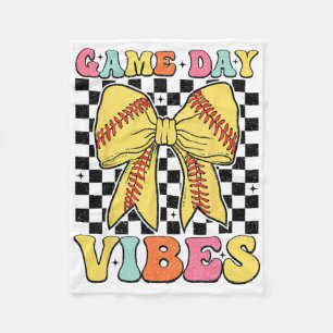 Retro Game Day Vibes Coquette Bow Softll Mama Girl Fleece Blanket