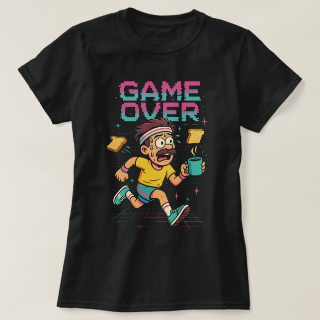 Retro “Game Over” Coffee Rush – Funny Running Cart T-Shirt (Design Front)