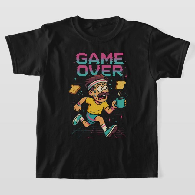 Retro “Game Over” Coffee Rush – Funny Running Cart T-Shirt (Laydown)