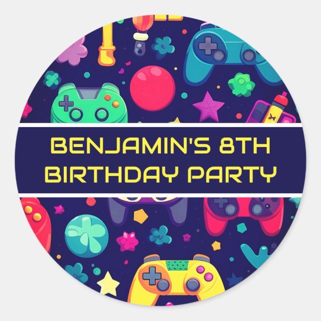Retro Gamer Arcade Birthday Party Classic Round Sticker (Front)