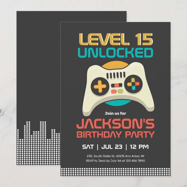 Retro Gamer Boy Level Unlocked Video Game Birthday Invitation (Front/Back)