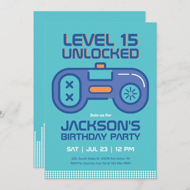 Retro Gamer Boy Teal Blue Video Games Birthday Invitation (Front/Back)