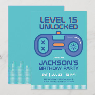 Retro Gamer Boy Teal Blue Video Games Birthday Invitation