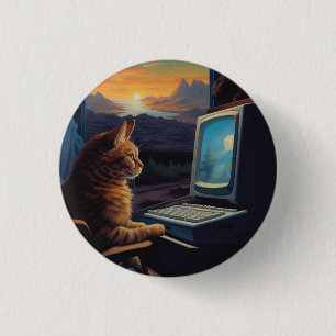 Retro Gamer Cat   8-Bit Pixel Art Gaming 3 Cm Round Badge