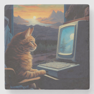 Retro Gamer Cat   8-Bit Pixel Art Gaming Stone Coaster