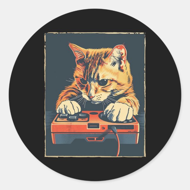 Retro Gamer Cat Having Fun Gaming Console For Game Classic Round Sticker (Front)