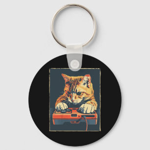 Retro Gamer Cat Having Fun Gaming Console For Game Key Ring