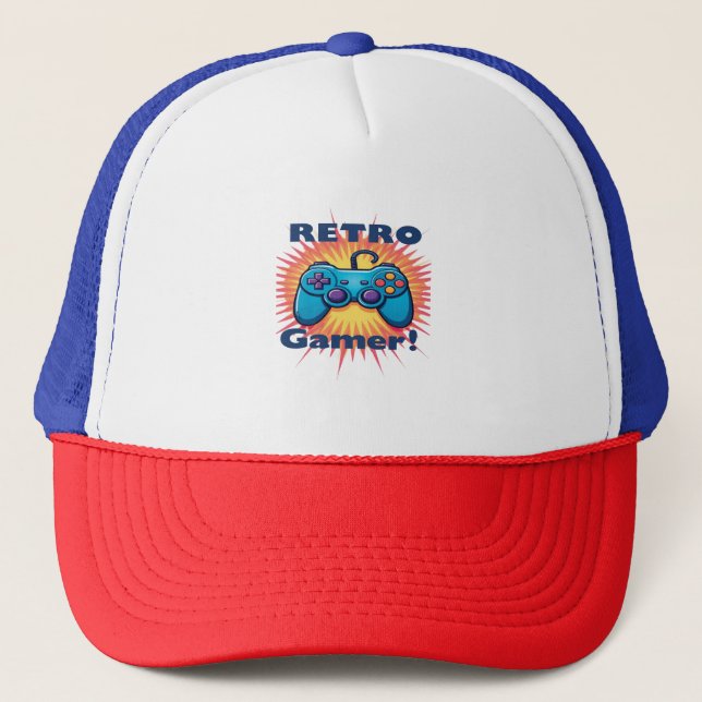 Retro Gamer Controller Design for Classic Gaming Trucker Hat (Front)