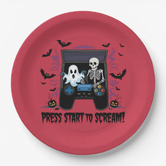 Retro Gamer Halloween - Skeleton Arcade Machine Paper Plate