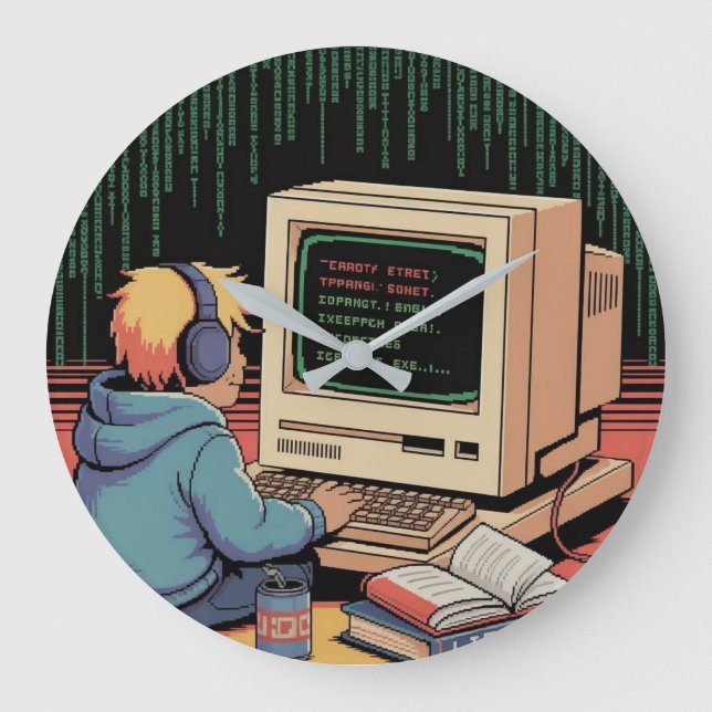 Retro Gamer Kid on Vintage Computer Pixel Art Large Clock (Front)
