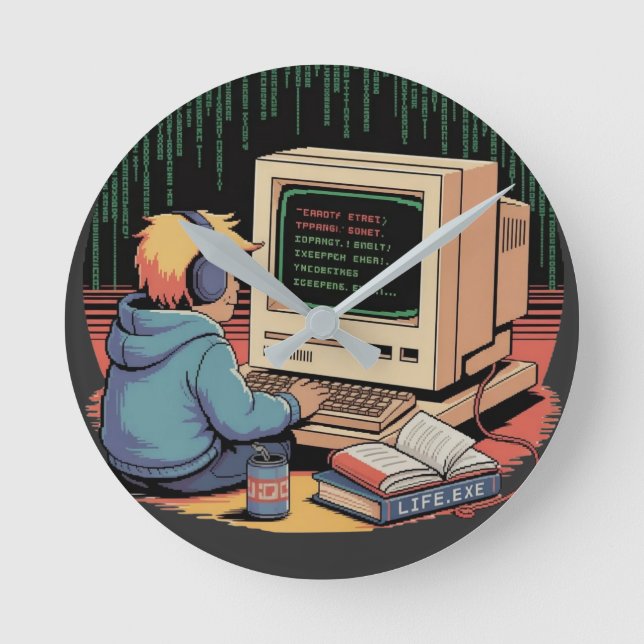 Retro Gamer Kid on Vintage Computer Pixel Art Round Clock (Front)