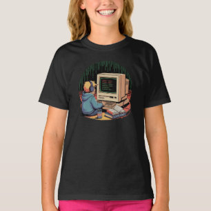 Retro Gamer Kid on Vintage Computer Pixel Art T-Shirt