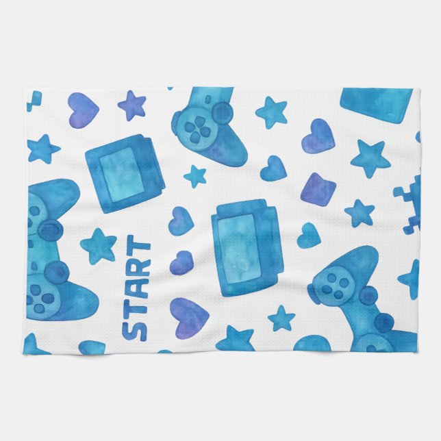 Retro Gamer Pattern Kitchen Towel – Blue  (Horizontal)