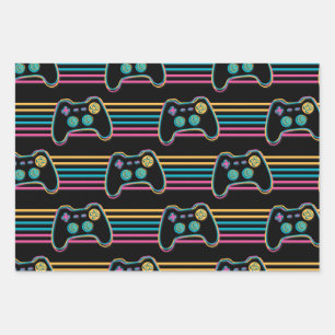 Retro Gaming Geek Gamer 80s neon colours Wrapping Paper Sheet