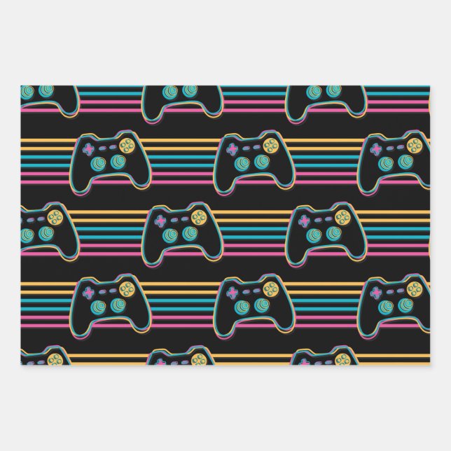 Retro Gaming Geek Gamer 80s neon colours Wrapping Paper Sheet (Front)