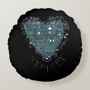 Retro Gaming Heart Video Game Controllers Gamer Round Cushion