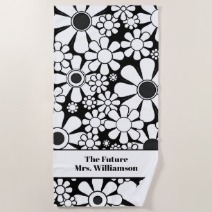 Retro Garden Black and White Floral Bride Pattern Beach Towel
