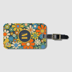 Retro Garden Cheerful Floral 60s 70s Initial Luggage Tag