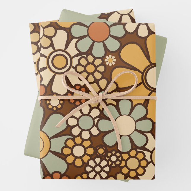 Retro Garden Chunky Flowers 60s 70s Floral Pattern Wrapping Paper Sheet (In situ)