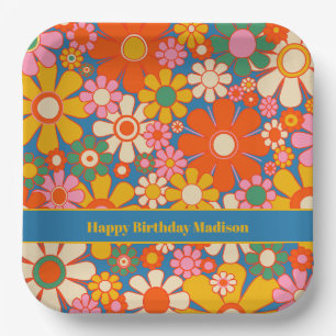 Retro Garden Colorful 60s 70s Floral Pattern Paper Plate