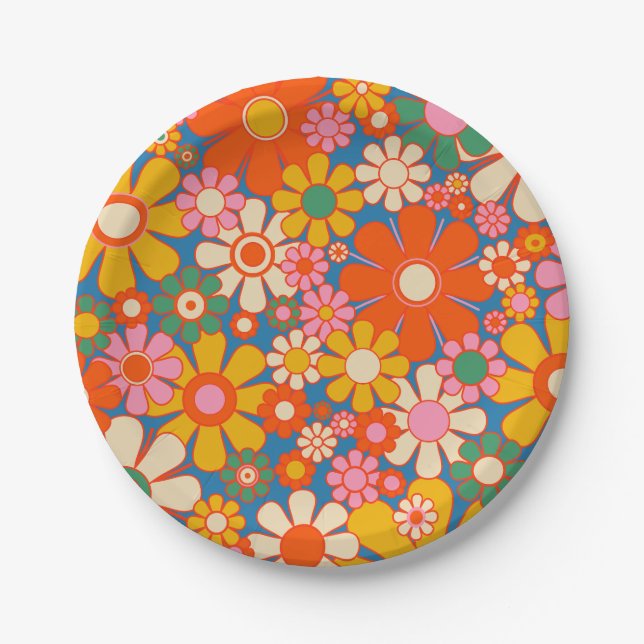 Retro Garden Colourful 60s 70s Floral Pattern  Paper Plate (Front)