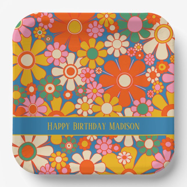 Retro Garden Colourful 60s 70s Floral Pattern Paper Plate (Front)