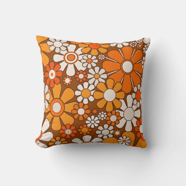 Retro Garden Floral 60s 70s Pattern Brown & Orange Cushion (Front)