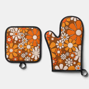Retro Garden Floral 60s 70s Pattern Brown & Orange Oven Mitt & Pot Holder Set