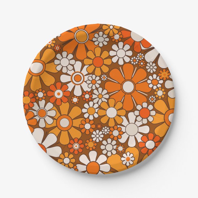 Retro Garden Floral 60s 70s Pattern Brown & Orange Paper Plate (Front)