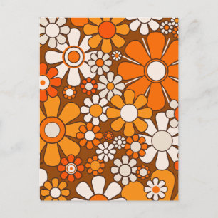Retro Garden Floral 60s 70s Pattern Brown & Orange Postcard