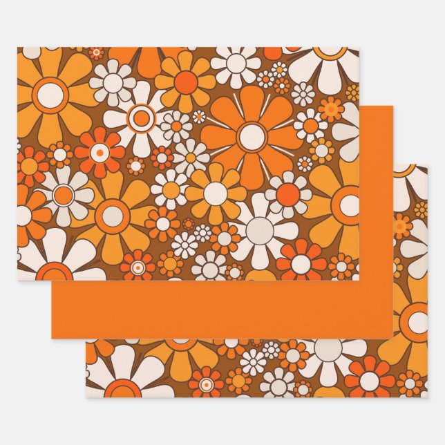 Retro Garden Floral 60s 70s Pattern Brown & Orange Wrapping Paper Sheet (Set)