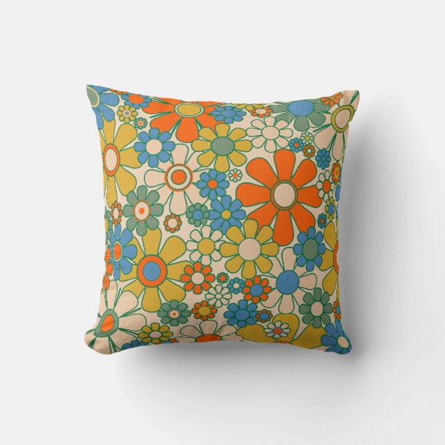 Retro Garden Floral 60s 70s Pattern Cushion (Front)