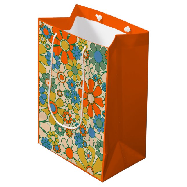 Retro Garden Floral 60s 70s Pattern Orange Medium Gift Bag (Front Angled)