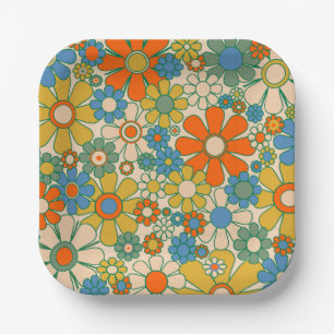 Retro Garden Floral 60s 70s Pattern Paper Plate
