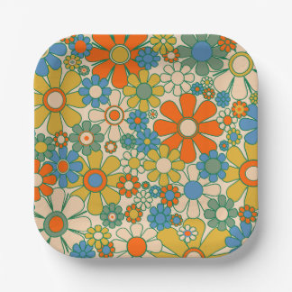 Retro Garden Floral 60s 70s Pattern Paper Plate