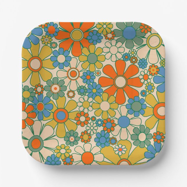 Retro Garden Floral 60s 70s Pattern Paper Plate (Front)