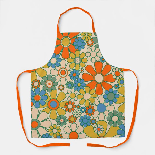 Retro Garden Floral 60s 70s Pattern with Initial Apron (Front)