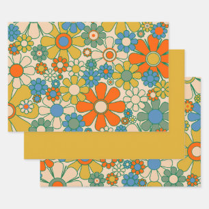 Retro Garden Floral 60s 70s Pattern Wrapping Paper Sheet