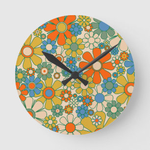 Retro Garden Floral Cheerful 60s 70s Pattern Round Clock