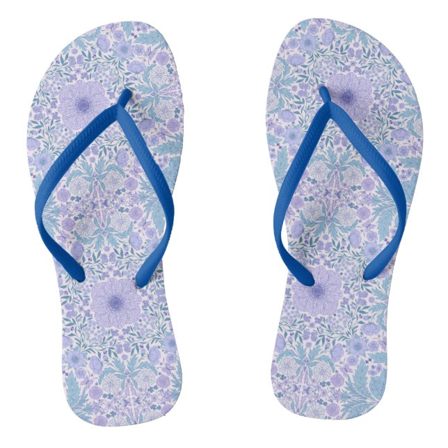 Retro garden florals in blue and violet flip flops (Footbed)