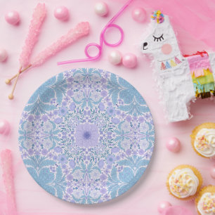 Retro garden florals in blue and violet paper plate