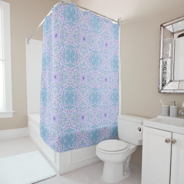 Retro garden florals in blue and violet shower curtain (In Situ)