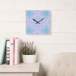Retro garden florals in blue and violet square wall clock