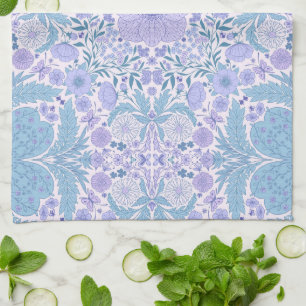 Retro garden florals in blue and violet tea towel