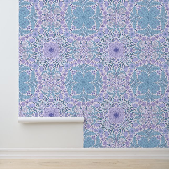 Retro garden florals in blue and violet wallpaper (Application)