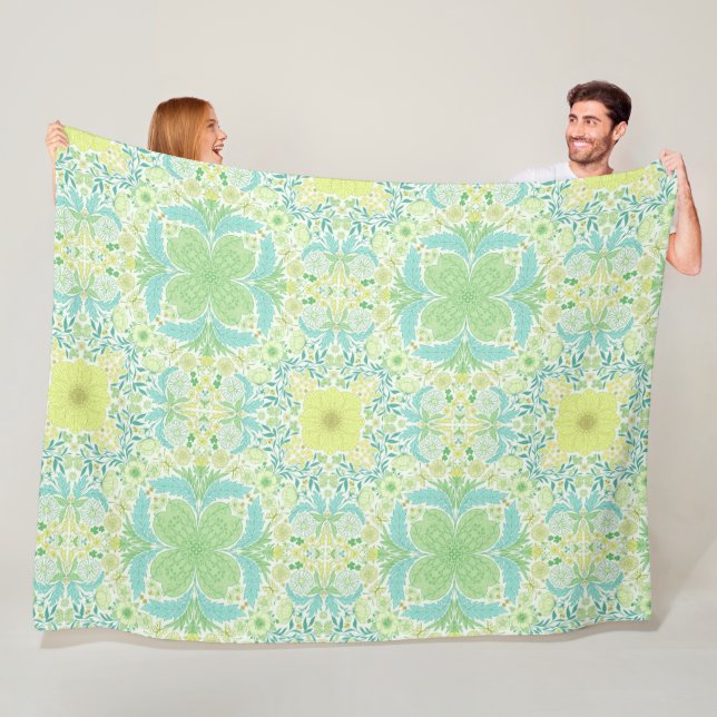 Retro garden florals in green and yellow fleece blanket (In Situ)